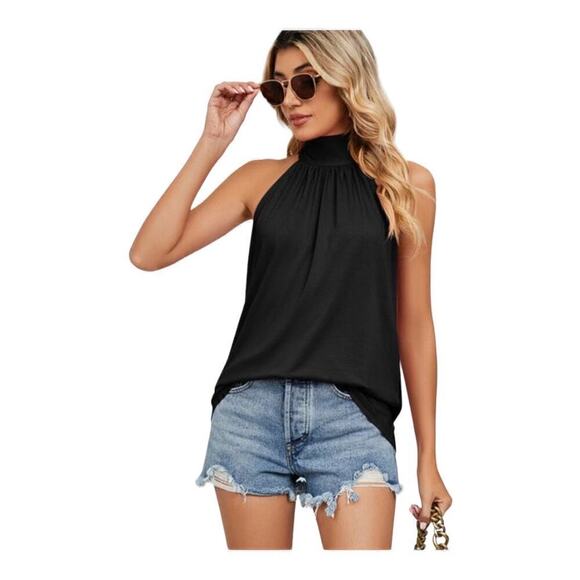 Black Grecian neck tank dress/top w/keyhole opening in back light & breezy. SZ L - Picture 2 of 6